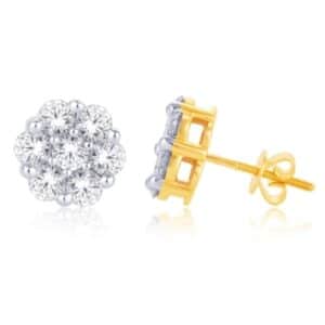 10 Karat Yellow Gold 1.50 Carat Diamond Flower Earrings