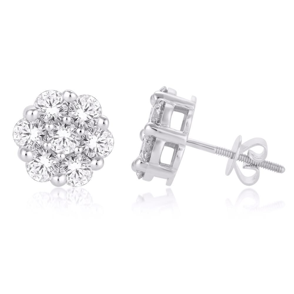 10 Karat White Gold 2.00 Carat Diamond Flower Earrings