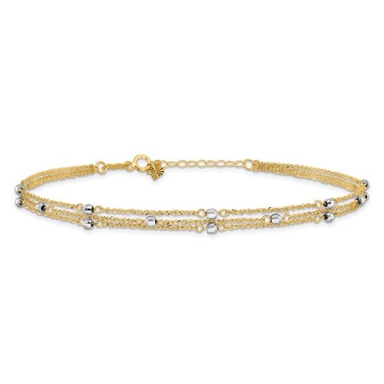 14k Two-tone Triple Strand 9in Plus 1in ext. Anklet - Image 4