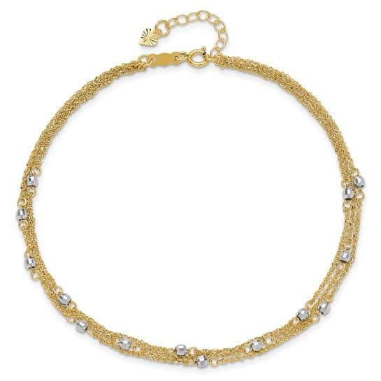 14k Two-tone Triple Strand 9in Plus 1in ext. Anklet - Image 3