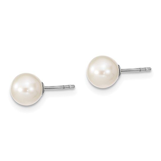 Sterling Silver Rhodium Plated 6-7mm White Round Freshwater Cultured Pearl Post Stud Earrings - Image 5