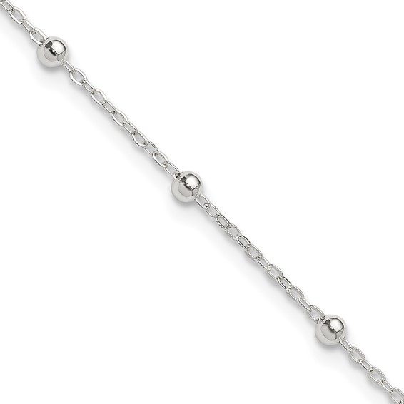 Sterling Silver 1mm Beaded Chain 9in Plus 1in ext. Anklet