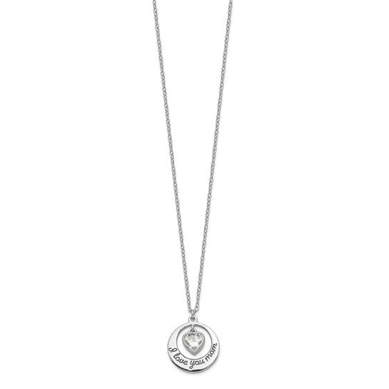 Sterling Silver Rhodium-plated I LOVE YOU MOM with CZ Heart Dangle 15 inch Necklace with 2 inch extension - Image 5