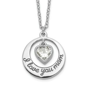 Sterling Silver Rhodium-plated I LOVE YOU MOM with CZ Heart Dangle 15 inch Necklace with 2 inch extension