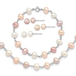 Sterling Silver RH White/Pink/Purple FWC Pearl Neck/Bracelet/Ear Set