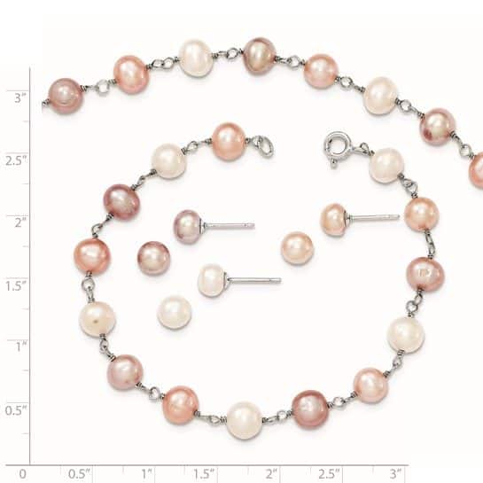 Sterling Silver RH White/Pink/Purple FWC Pearl Neck/Bracelet/Ear Set - Image 3