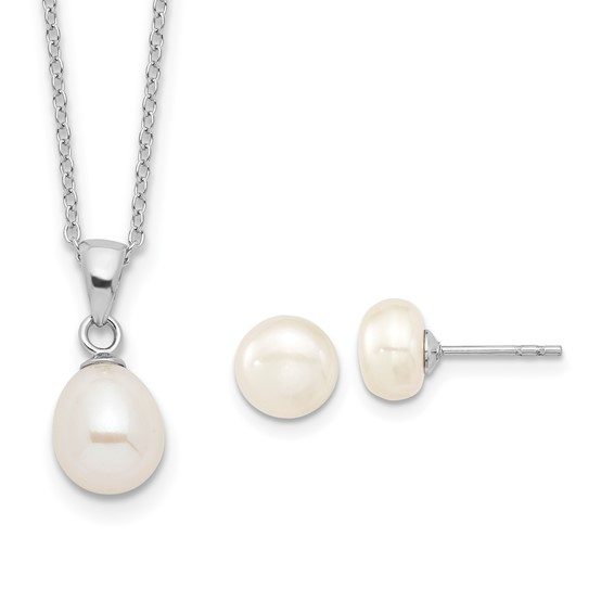 Sterling Silver Rhodium-plated FWC Pearl Necklace/Stud Earring Set - Image 9