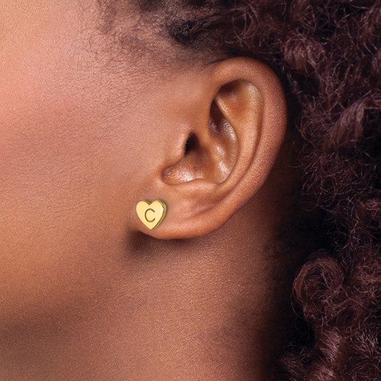 14k Yellow Gold and White Gold Initial Heart Post Earrings' - Image 4