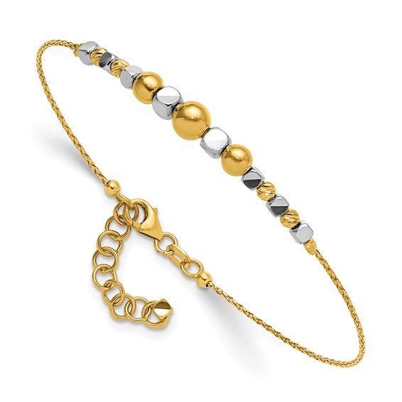14K Two-Tone Polished Diamond-cut Beaded 7in with 1in ext. Bracelet