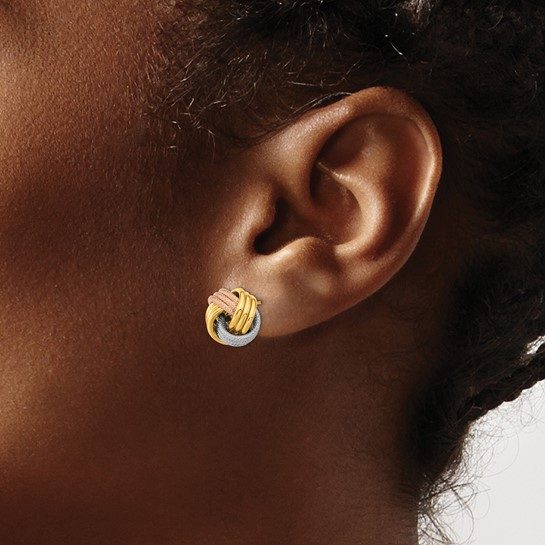 14k Yellow with White and Rose Rhod Pol Textured Triple Love Knot Post Earrings - Image 5
