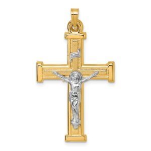 14k with White Rhodium Polished INRI Crucifix Cross Pendant