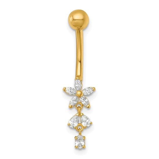 14k 14 Gauge Polished CZ Dangling Flower Navel Ring - Image 4
