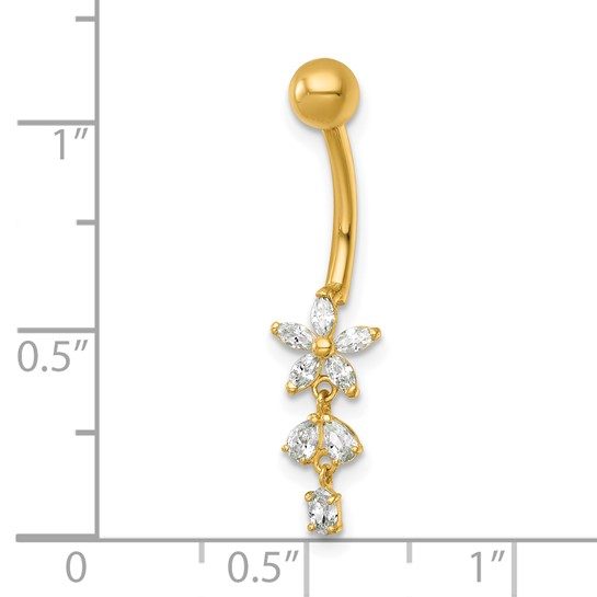 14k 14 Gauge Polished CZ Dangling Flower Navel Ring - Image 3