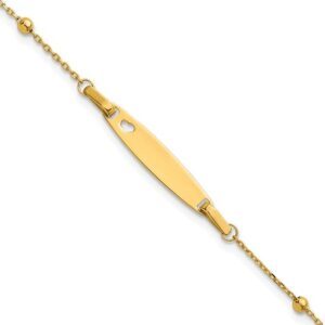 14K Children's Polished Beaded Heart ID 5in with 1in ext Bracelet