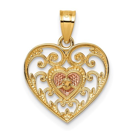 14k Two-tone Polished And Textured Fancy Heart In Heart Pendant - Image 2
