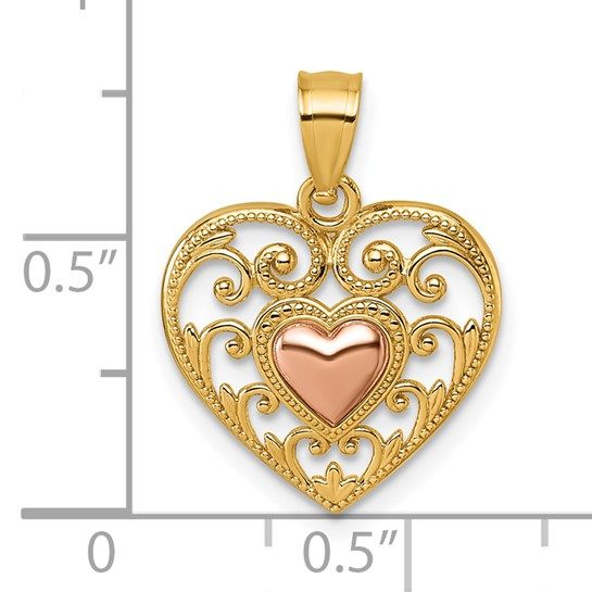 14k Two-tone Polished And Textured Fancy Heart In Heart Pendant - Image 5