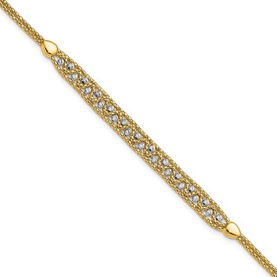 14k Two-Tone Textured and D/C Beaded with 1 inch ext Bracelet