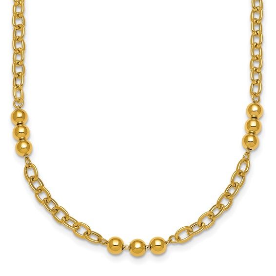 14K Polished 18in Fancy Beaded Cable Link Necklace