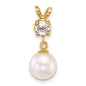 14k 7-8mm White Round Freshwater Cultured Pearl and .32WT White Topaz Pendant