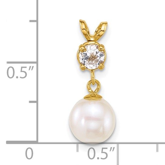 14k 7-8mm White Round Freshwater Cultured Pearl and .32WT White Topaz Pendant - Image 3