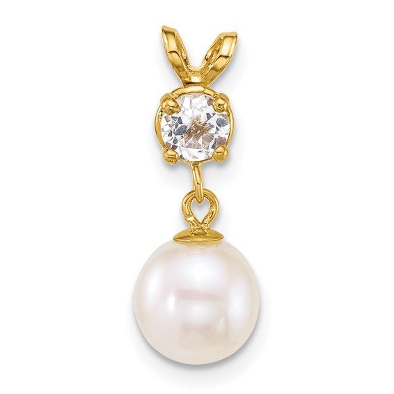 14k 7-8mm White Round Freshwater Cultured Pearl and .32WT White Topaz Pendant