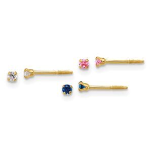 14k Polished 2mm White Pink And Blue CZ Screwback Set of 3 Earrings