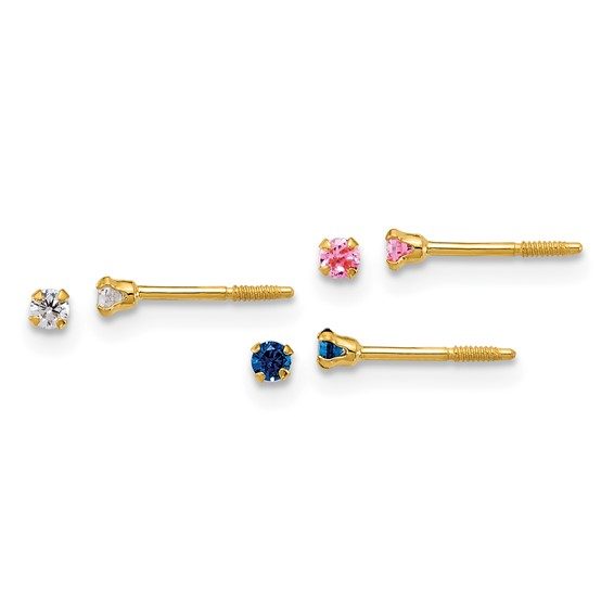 14k Polished 2mm White Pink And Blue CZ Screwback Set of 3 Earrings