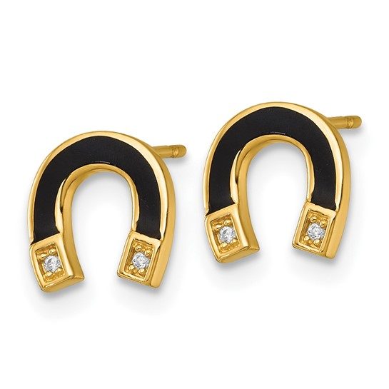 14k Polished Black Enamel and CZ Horseshoe Post Earrings - Image 4