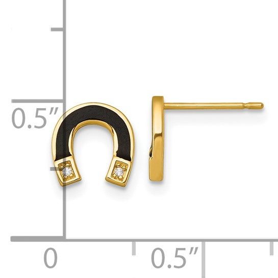 14k Polished Black Enamel and CZ Horseshoe Post Earrings - Image 3